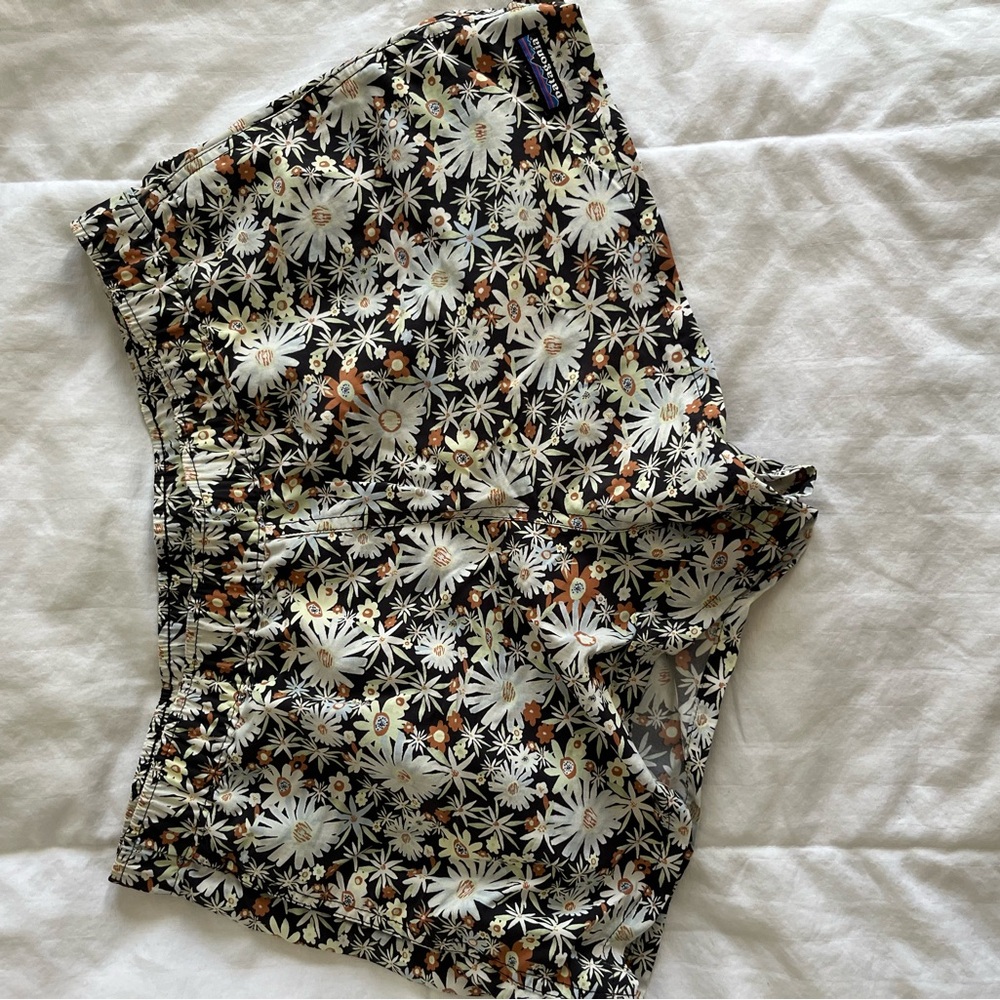 Patagonia Black Floral Athletic Shorts with White and Brown Flowers